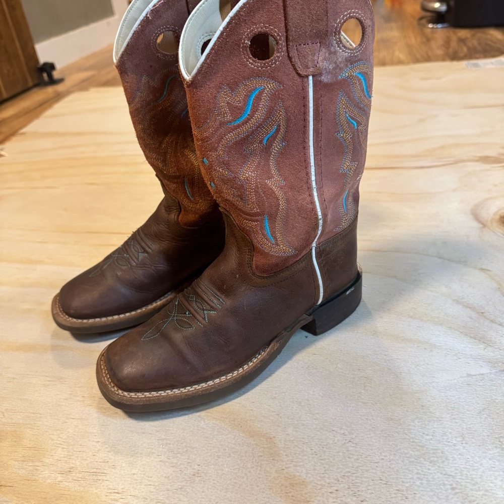 Cody James Leather Boots Inlay Western Genuine Brown With Teal Accents Boys 1.0D